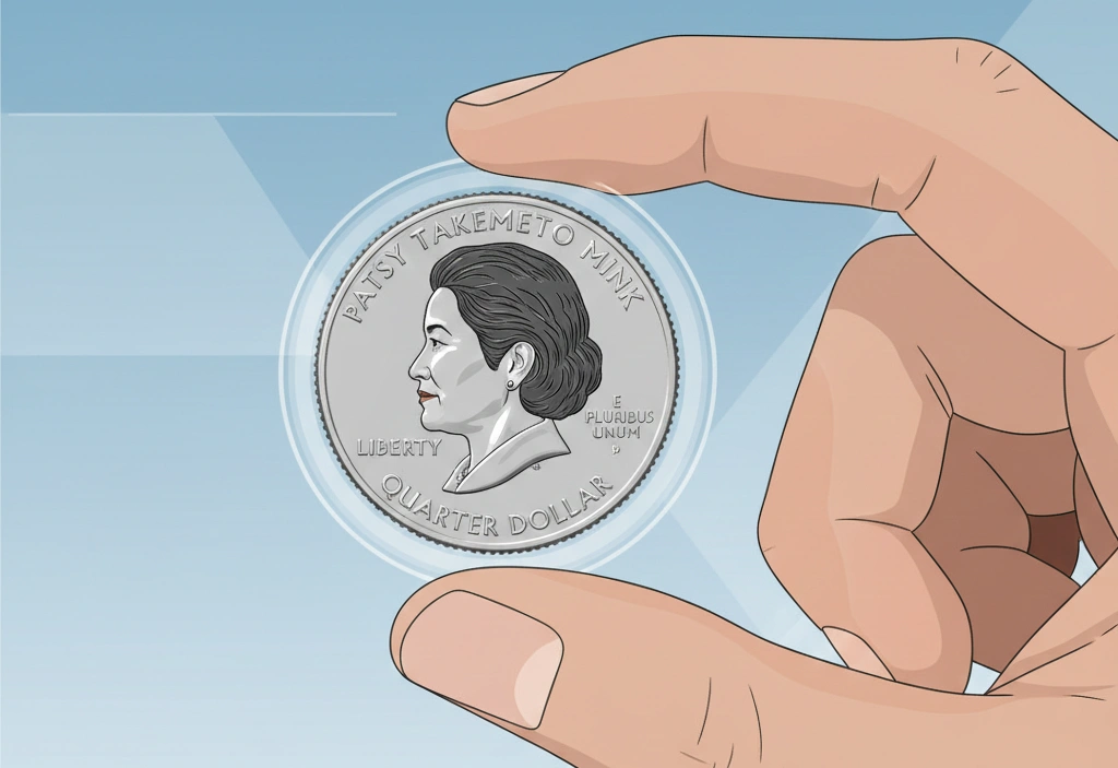 A hand holding the Patsy Takemoto Mink quarter against a clean digital background