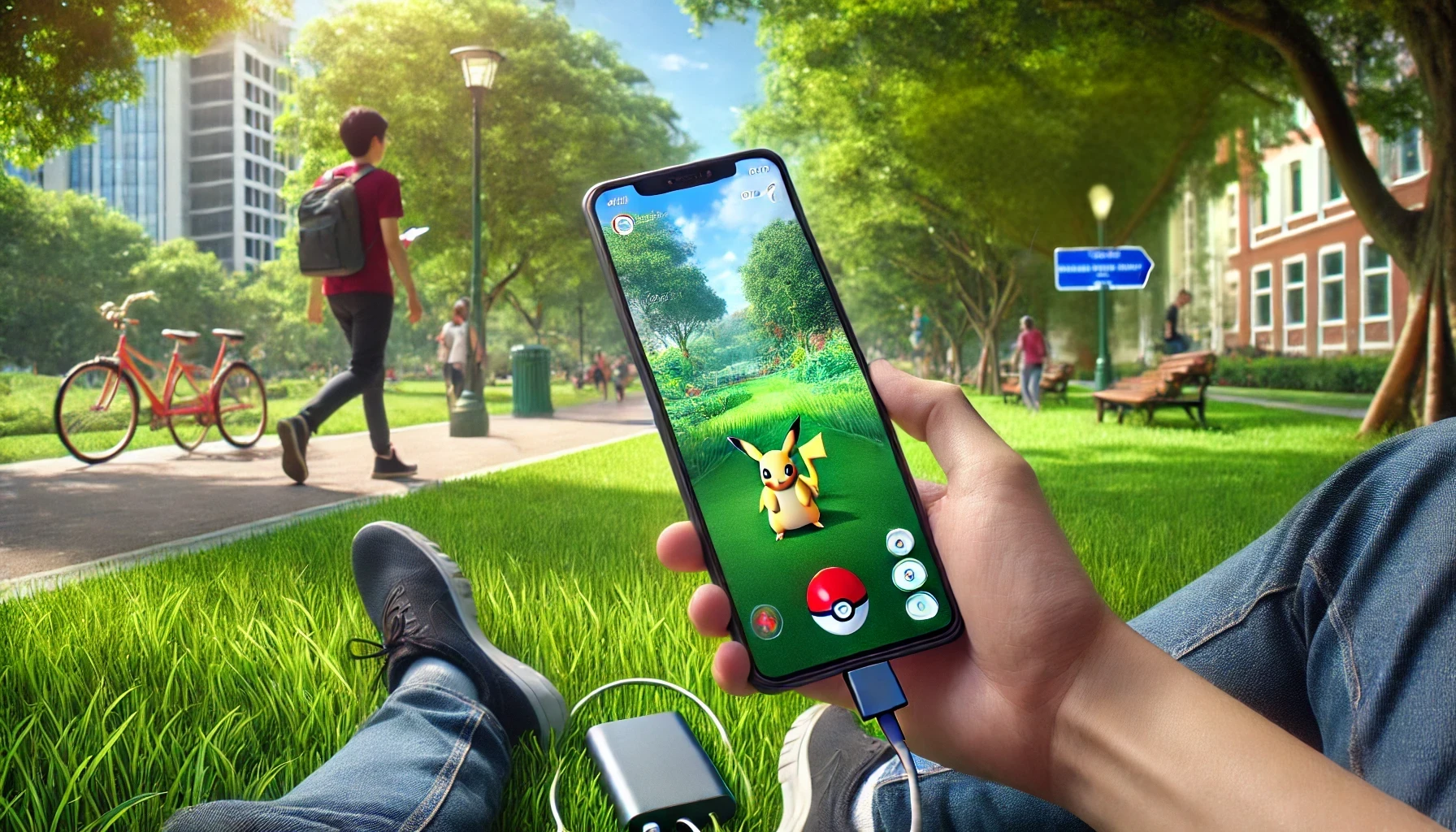 A person is playing Pokémon GO on a smartphone in a park.