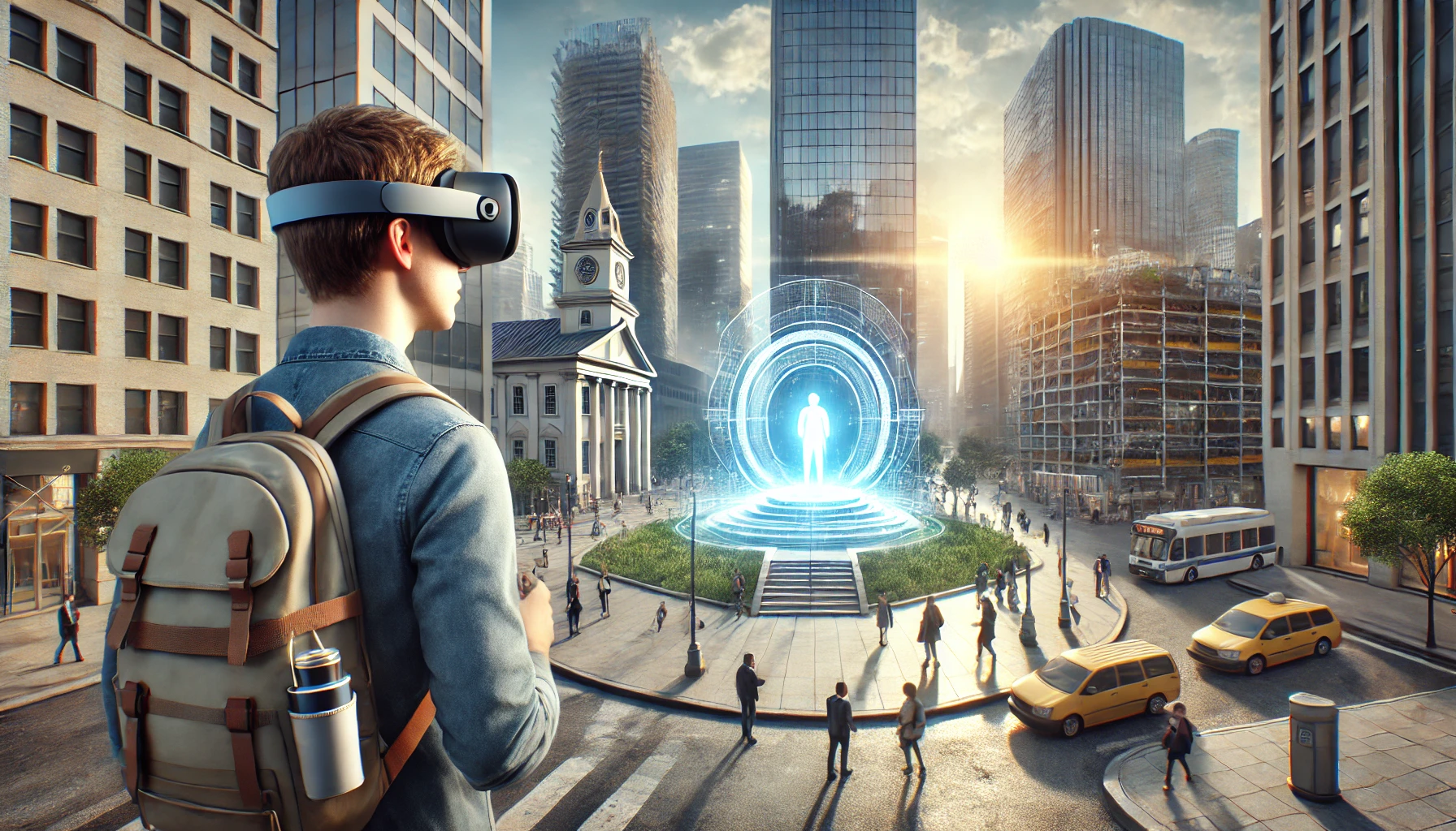  person is using AR glasses to play a location-based game in an urban environment. 