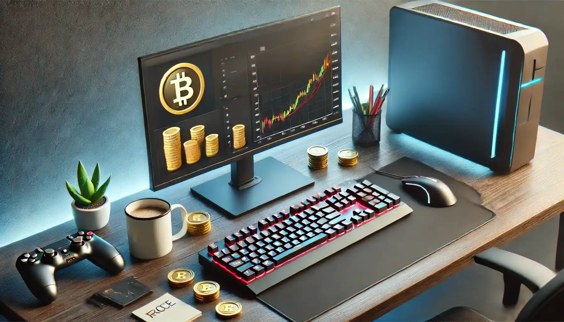 A gaming desk setup for earning with virtual coins. 