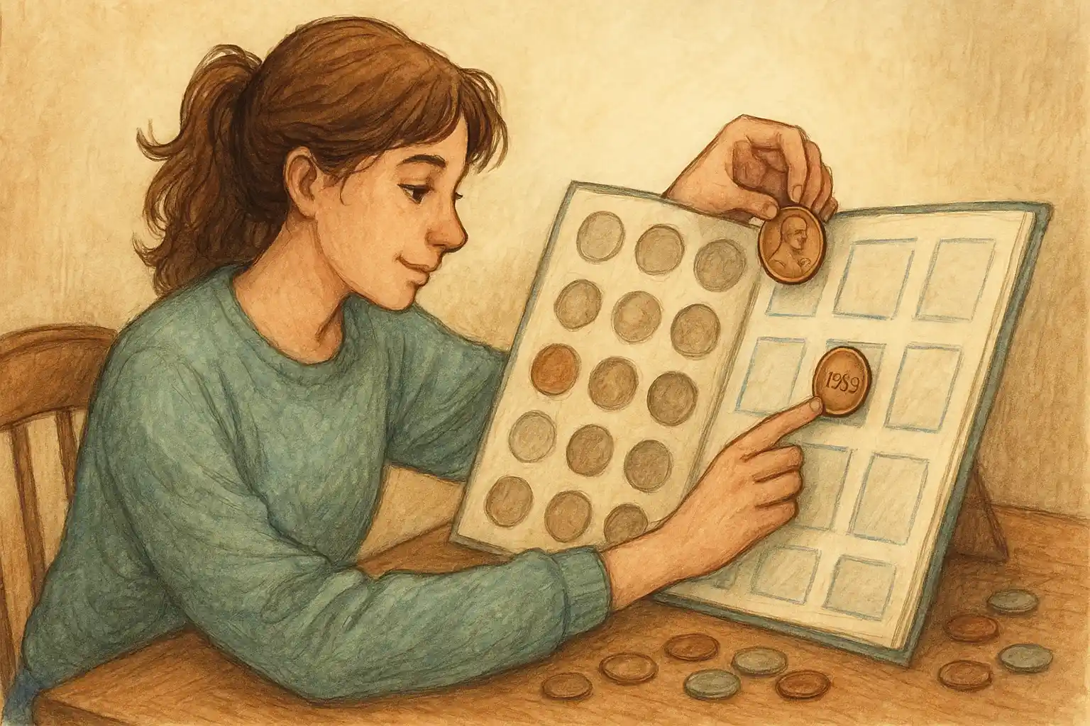 A woman puts a 1959 penny into her coin collection.