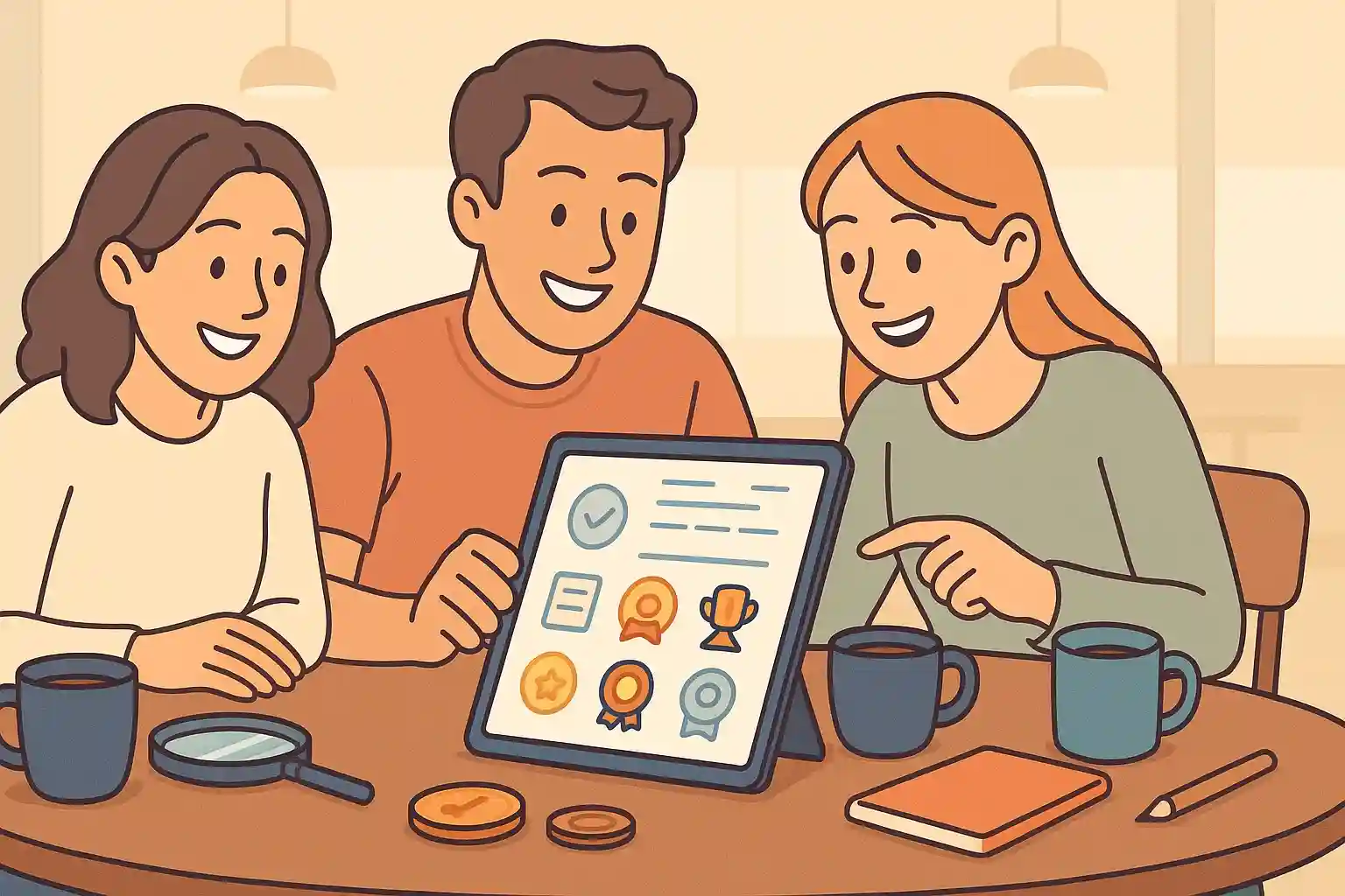 Friends exchange their hobby experiences on a tablet.