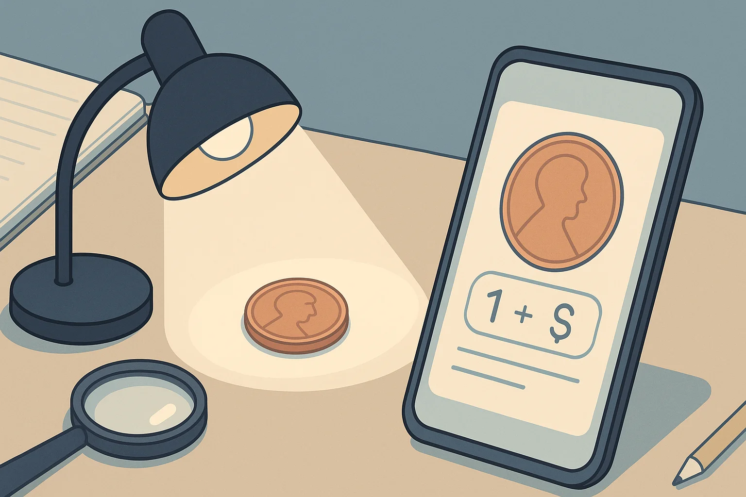 A coin is analyzed on a smartphone app and displayed on a table.