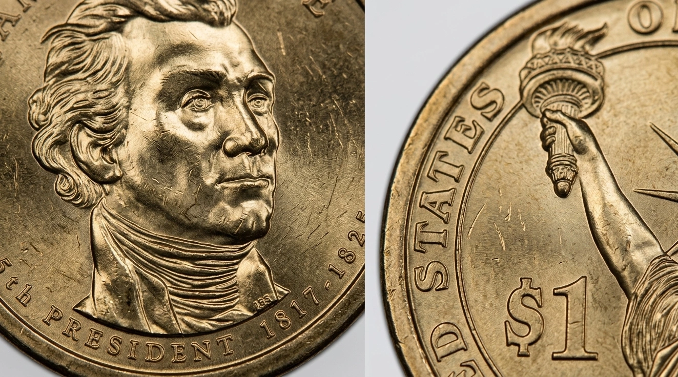 Extreme macro of Monroe dollar coin relief